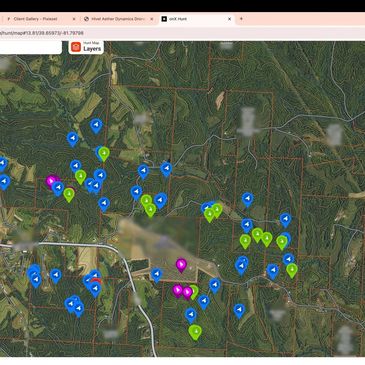 Custom property mapping layout highlighting deer herd locations and data pins from an aerial wildlif