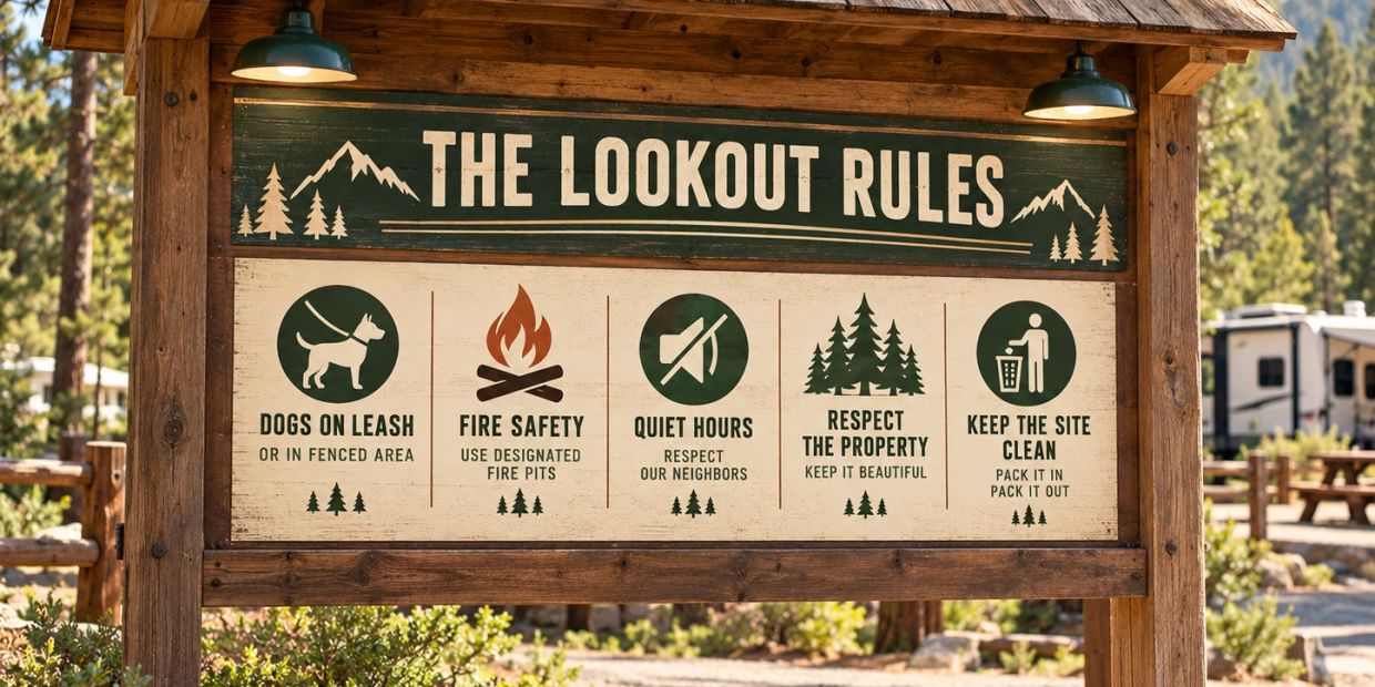 A wooden sign with The Lookout Rules for a natural park or campground.