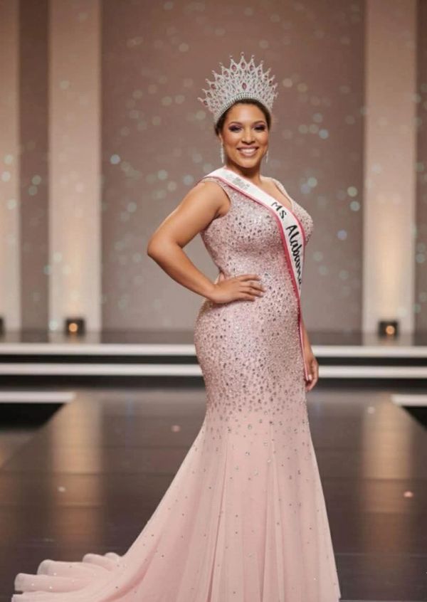 Woman in a sparkling pink gown and crown on stage.