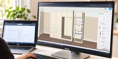 Designer working on furniture layout on computer screens.