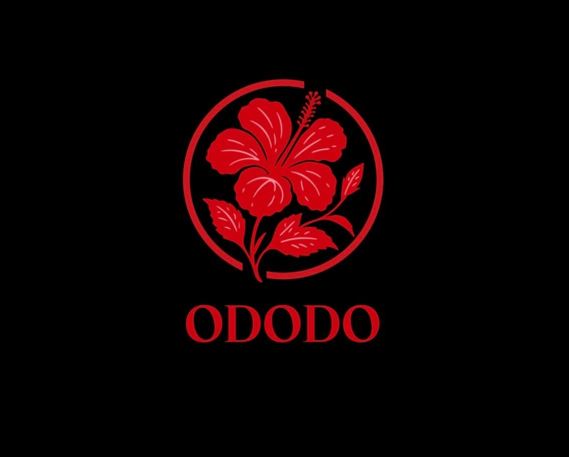 Red hibiscus flower logo with the text 'ODODO' on a black background.