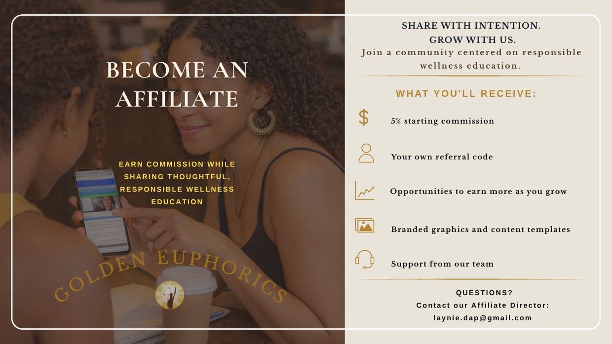 Advertisement for Golden Euphorics affiliate program with commission benefits.