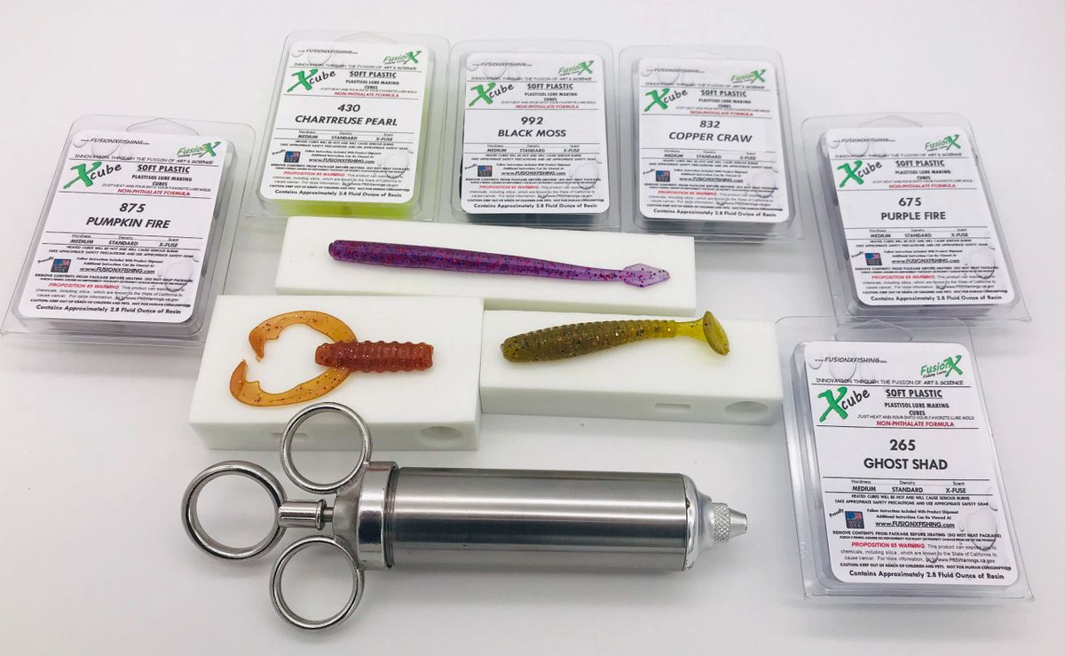 Fusion X - Bass Essentials Premium Soft Plastic Fishing Lure Making Starter  Kit - 8 Lure Molds & 7 Colors of Plastic