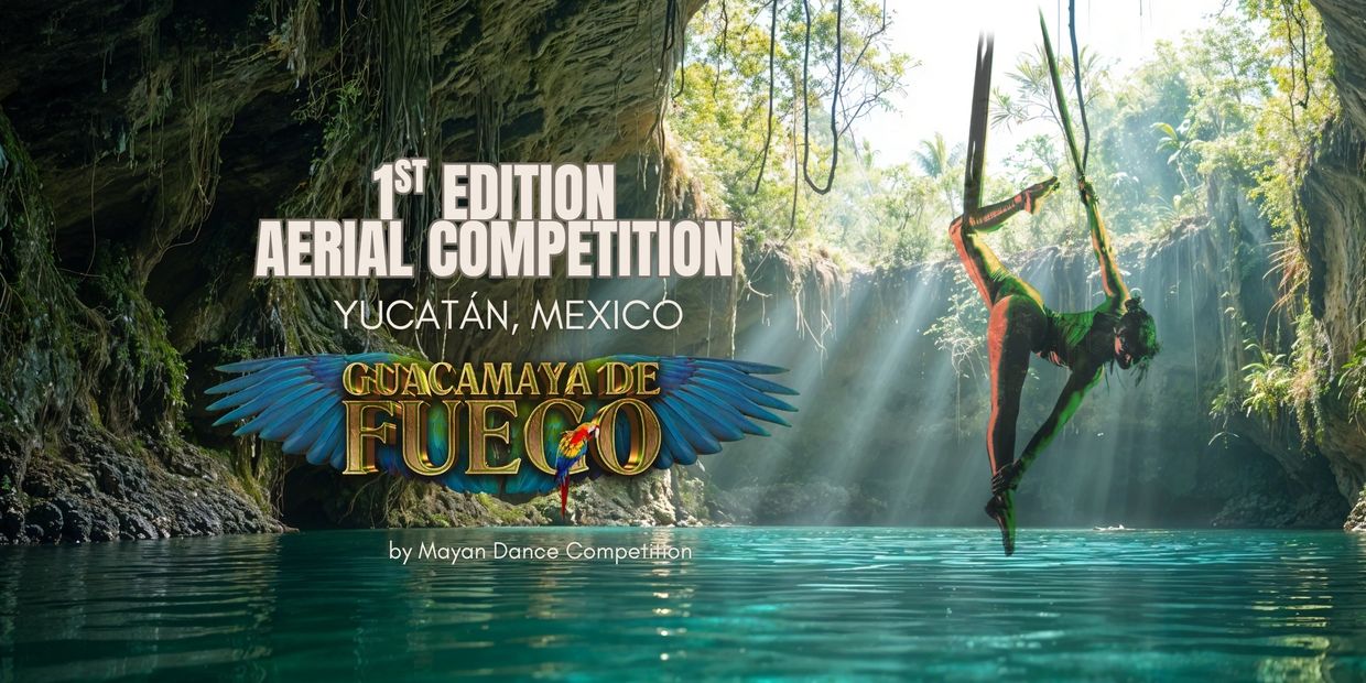 Aerial competition in a sunlit cenote with a performer suspended above water in Yucatán, Mexico.