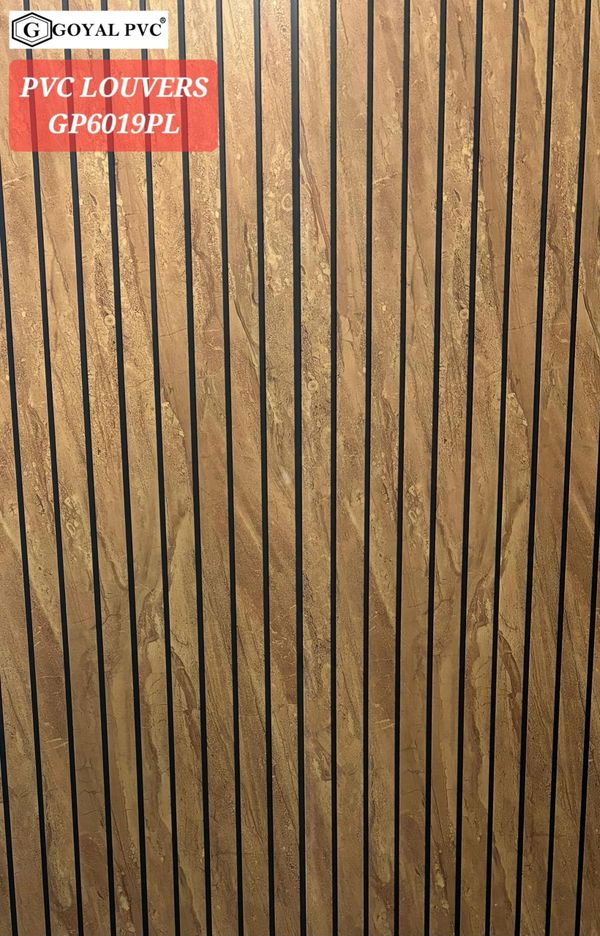 Textured brown PVC louvers with vertical black strips from Goyal PVC.