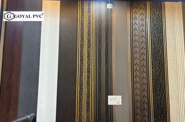 Decorative wall panels with vertical stripes and intricate patterns by Goyal PVC.
