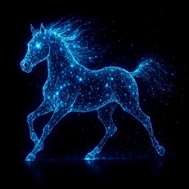 A glowing blue digital horse formed by interconnected points of light.