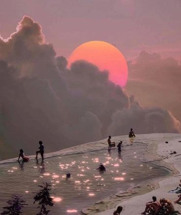 People enjoying a pool under a large sunset behind clouds.