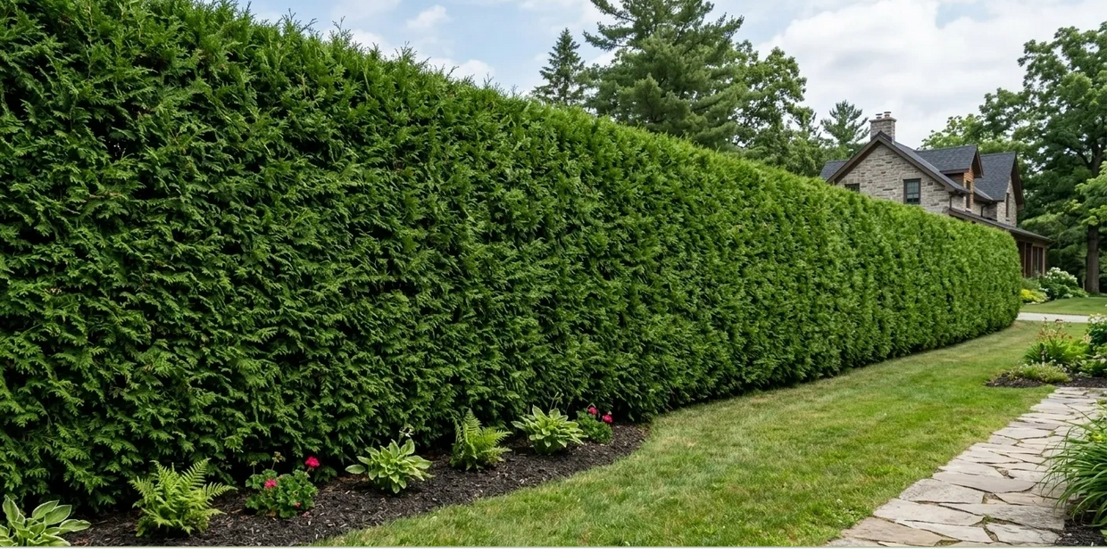 Large Eastern White Cedar privacy hedge by Cedars SD&G. Expert Ottawa hedge planting and farm trees.