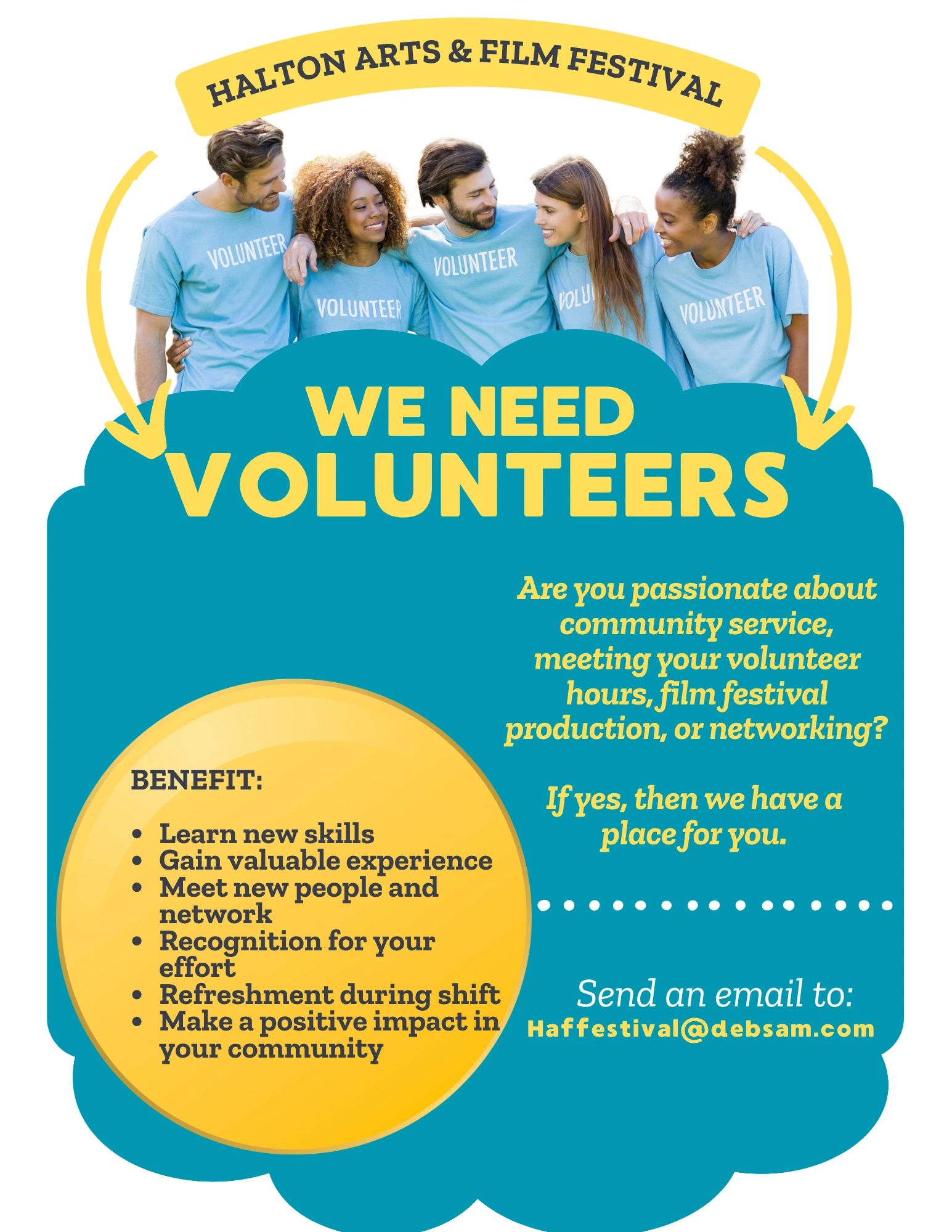 Halton Arts &amp; Film Festival volunteer call with benefits listed.