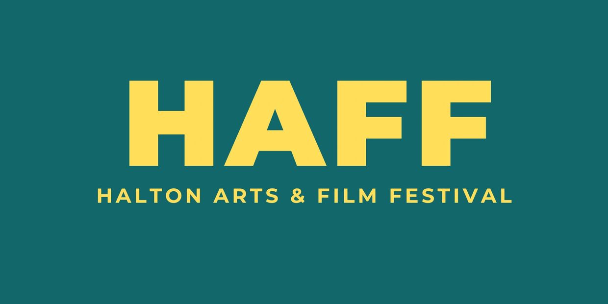 Logo for the Halton Arts &amp; Film Festival (HAFF) in bold yellow on teal.