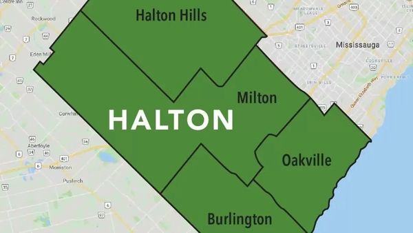 Map showing Halton region divided into four areas: Halton Hills, Milton, Oakville, and Burlington.