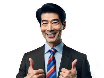 Smiling businessman giving two thumbs up in a suit and colorful striped tie.