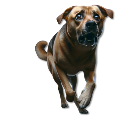 A dog with a scared expression running in the dark.