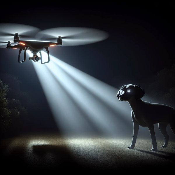 A drone shines bright lights on a dog in the dark.