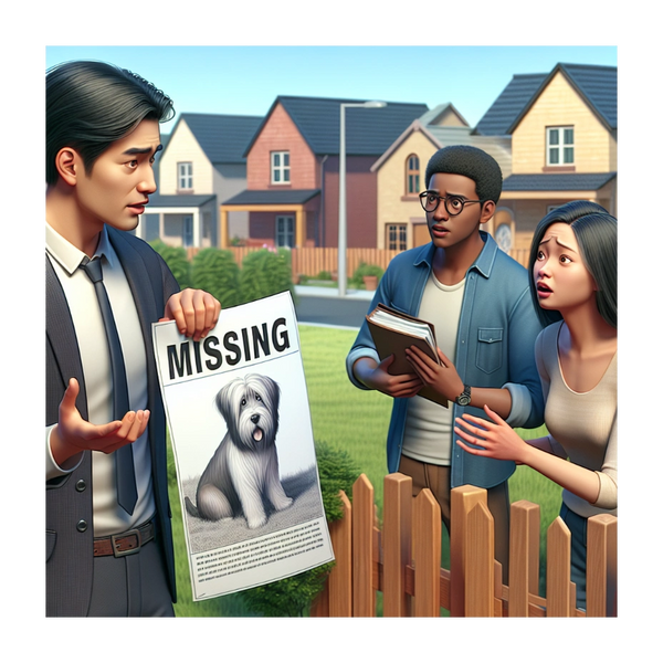 A man shows a missing dog poster to two concerned neighbors in a suburban neighborhood.