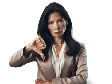 Serious woman giving a thumbs down with a stern expression.