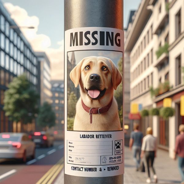 Missing poster of a Labrador Retriever on a city pole.