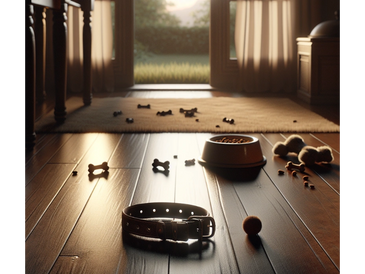 Sunlit room with dog collar, food bowl, and scattered toys on wooden floor.