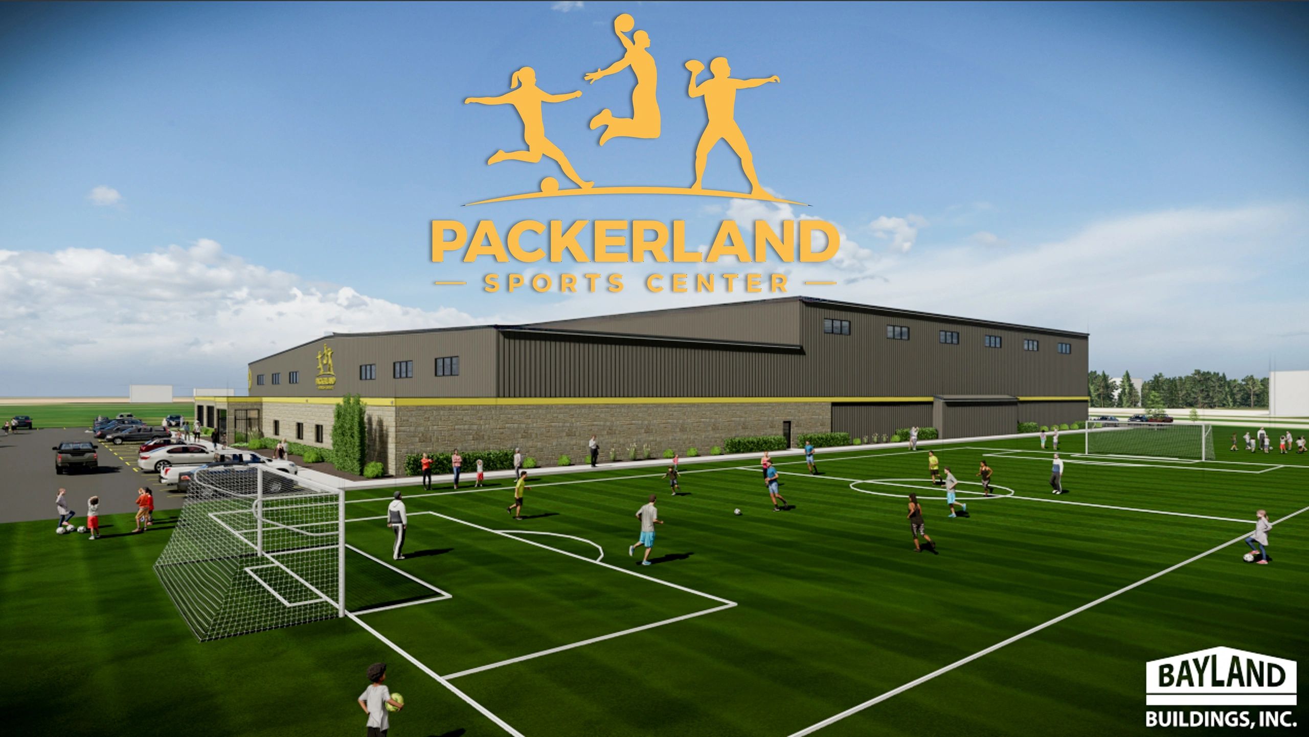 Packerland Sports Center with outdoor soccer fields and players.