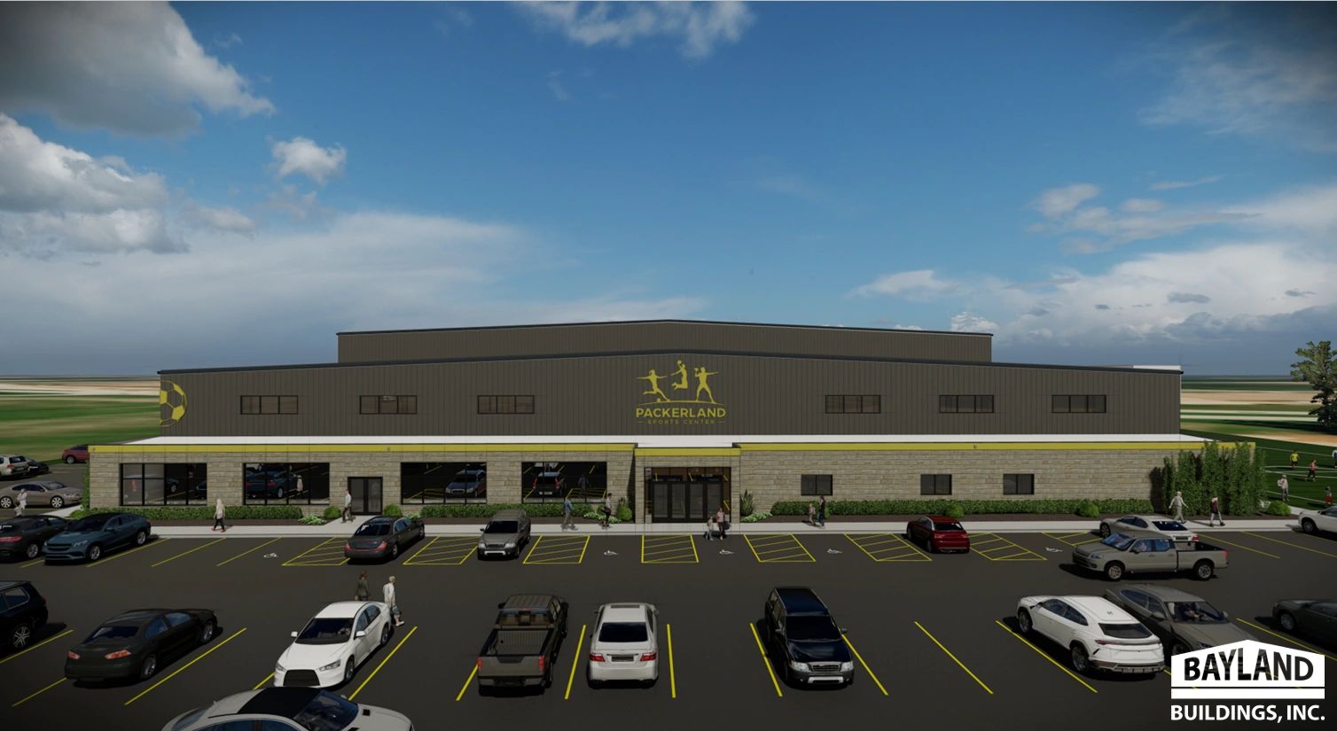 Front view of Packerland Sports Center with parked cars.