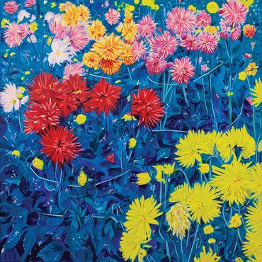 acrylic on canvas painting of a dahlia garden by Santa Cruz artist Jim Winters