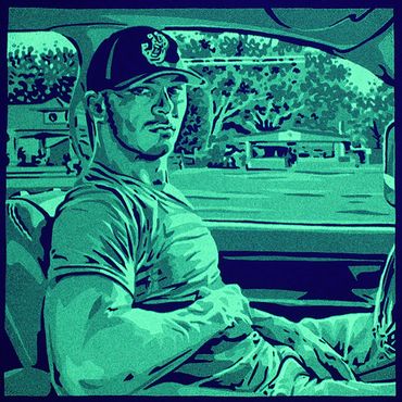 phosphorescent reduction screen print of a sexy man driving a car by Santa Cruz artist Jim Winters