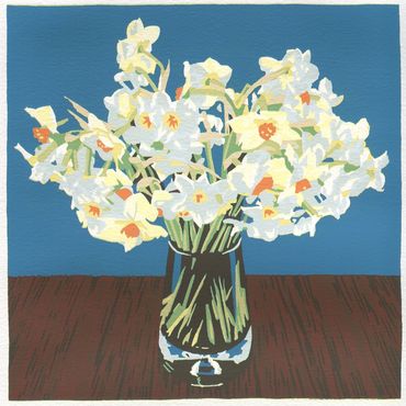 reduction screenprint of a vase of narcissus by Santa Cruz artist Jim Winters