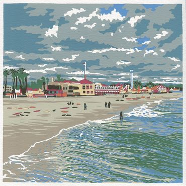 Reduction screenprint of the Santa Cruz Boardwalk Beach by Jim Winters