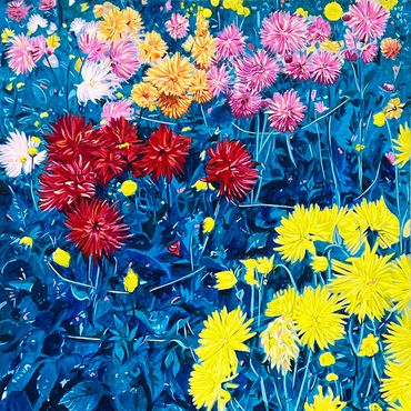 acrylic on canvas painting of a dahlia garden by Santa Cruz artist Jim Winters