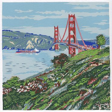 reduction screen print of the Golden Gate Bridge by Santa Cruz artist Jim Winters