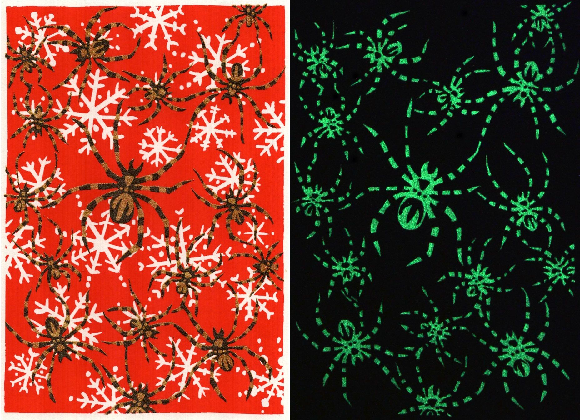 Holiday reduction screen prints of spiders and snowflakes by Santa Cruz artist Jim Winters