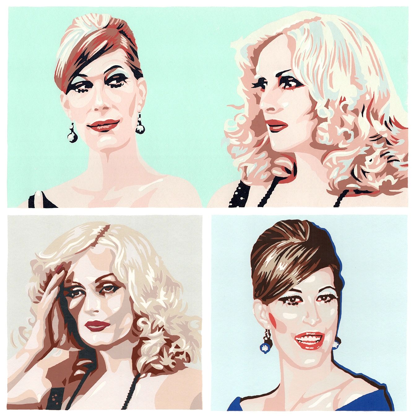 Reduction screen print portraits of artist Justin Vivian Bond and Warhol superstar Candy Darling