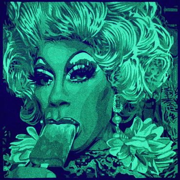 phosphorescent reduction screen print of Juanita MORE! by Santa Cruz artist Jim Winters