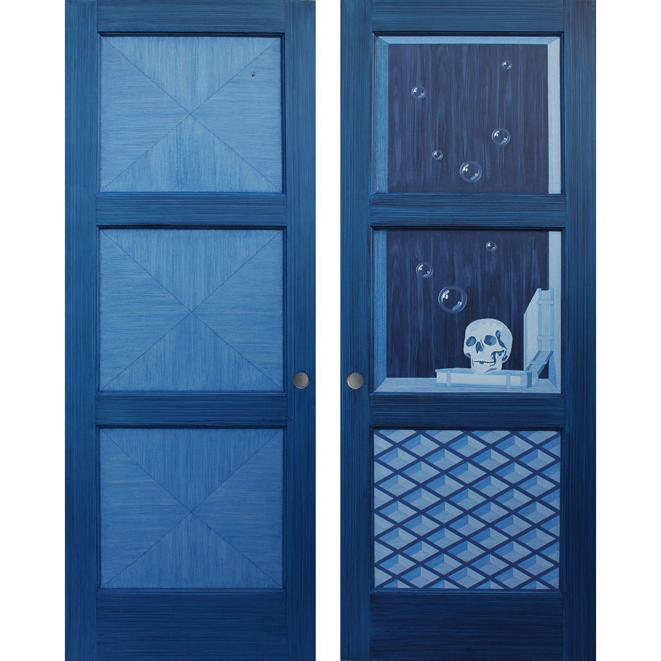 Faux marquetry on a door entitled Memento Mori Door