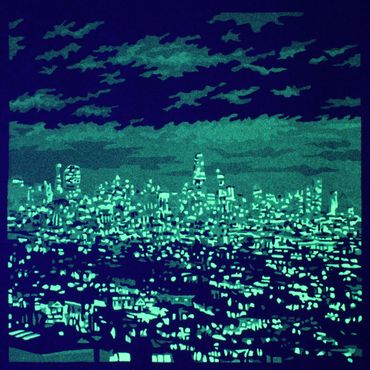 Phosphorescent reduction screen print of San Francisco at night by Santa Cruz artist Jim Winters
