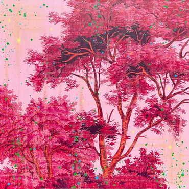 acrylic on canvas painting of red and pink trees inspired by a Zuber wallpaper design