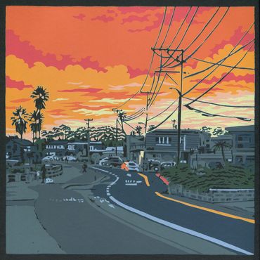Reduction screenprint of the sunset over Pleasure Point by Santa Cruz artist Jim Winters