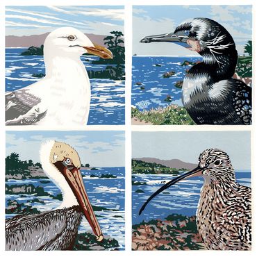 Four 10 color reduction screen prints of Santa Cruz sea and shore birds by artist Jim Winters