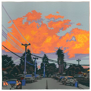 reduction screen print of a Soquel California street at sunset by Jim Winters