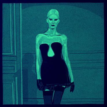phosphorescent reduction screenprint of Kristen McMenamy modeling Valentino
