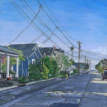 Acrylic painting on panel of Seabright bungalows in Santa Cruz by Jim Winters