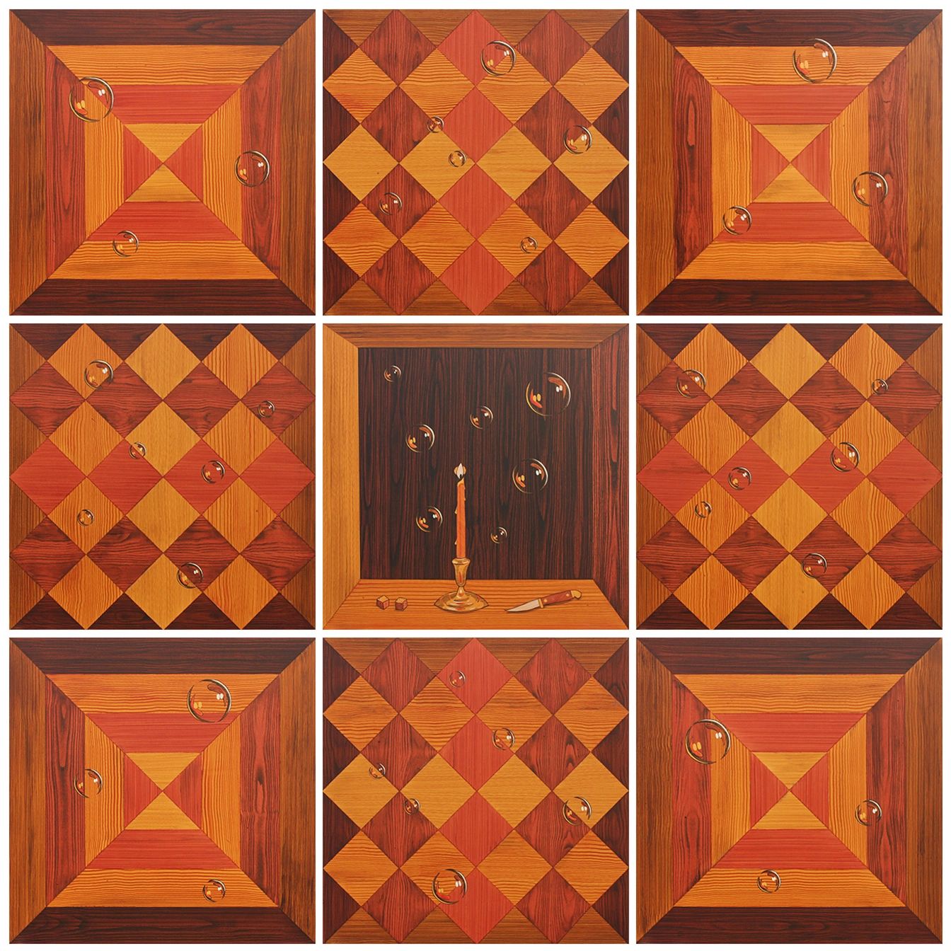 9 wood grained panels evoking a quilt and including a vanities still life at the center