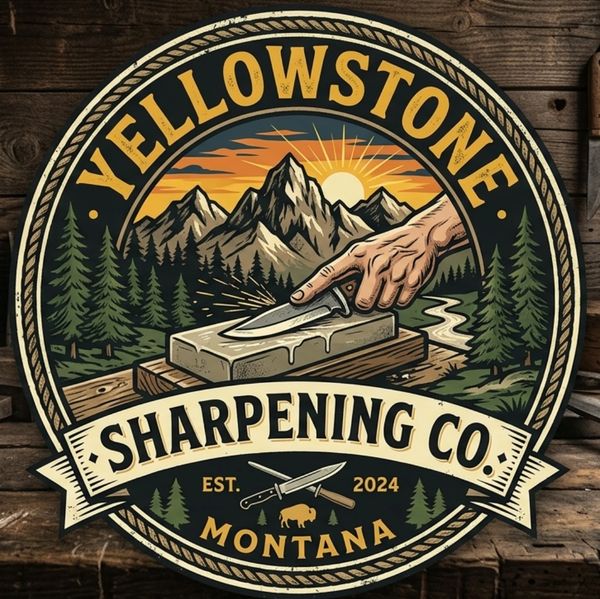 Vintage logo of Yellowstone Sharpening Co. with mountain and sharpening stone.