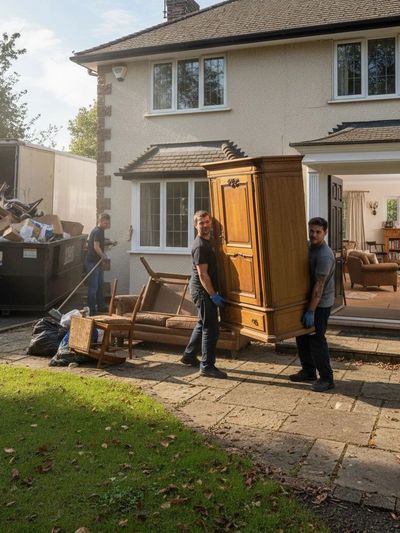 Two men carrying wooden furniture outside a house.