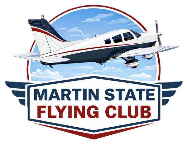 Logo of Martin State Flying Club featuring a small airplane and blue sky.