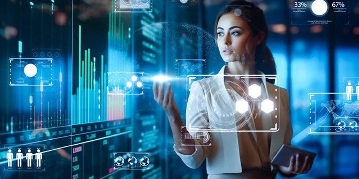 Woman interacting with futuristic digital interface.