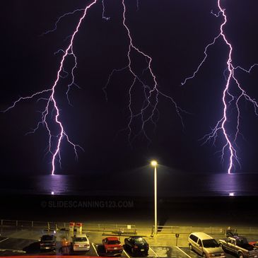 Jim,s own Fuji 35MM slide film scan. Lightning at Hampton Beach New Hampshire