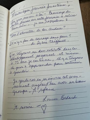 Page manuscrite de remerciements et réflexions.