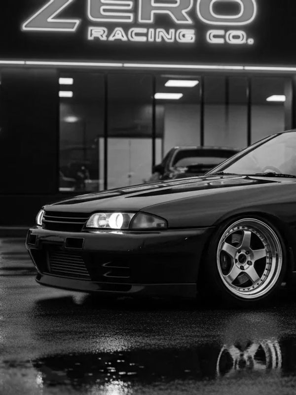 GTR R32 in front of Zero Racing Co. Shop